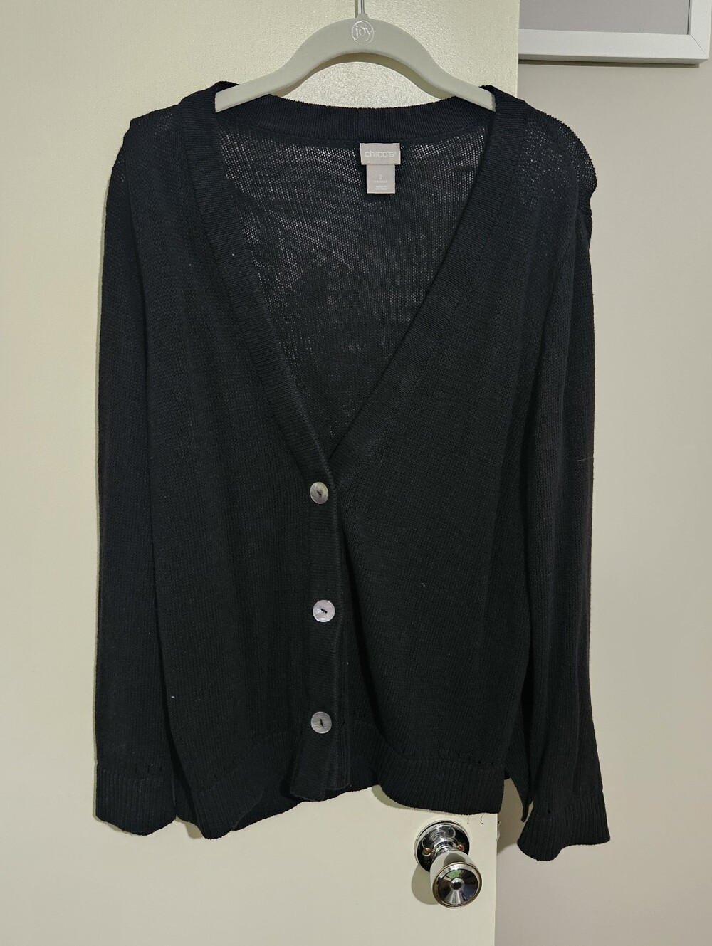 Chico's Black Lightweight V-Neck Button Knit Cardigan